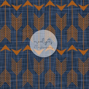 May include: A repeating pattern of orange arrows on a navy blue textured background. The arrows point up and down, with a chevron design on the arrow shafts. The image includes the text "evelyns illustrations" in a circular design.