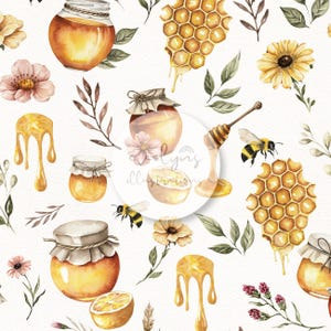 May include: Watercolor illustration featuring honey-related elements. The design includes jars of honey, dripping honey, honeycombs, bees, flowers, and leaves. The color palette is dominated by yellow, brown, and green on a white background. The overall theme is nature and food.