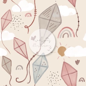 May include: A seamless pattern featuring watercolor illustrations of kites, clouds, rainbows, and suns in shades of pink, brown, and blue. The pattern is set against a light beige background. The text "evelyns illustrations" is included in the pattern.