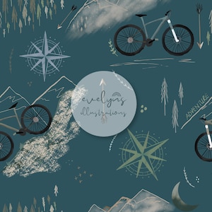 May include: A teal blue background with a repeating pattern of mountains, trees, compass roses, and bicycles. The text "evelyns illustrations" and "adventure" are also included in the pattern.