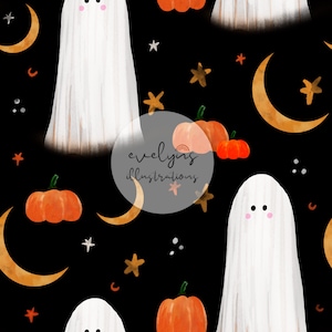 May include: A repeating pattern on a black background features white ghosts, orange pumpkins, crescent moons, and stars. The ghosts have small pink cheeks and black eyes. The pumpkins are various sizes. The text "evelying illustrations" is in a circle.