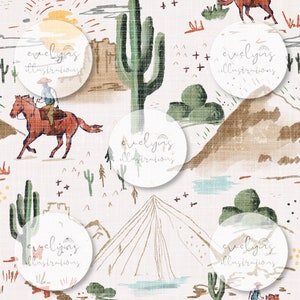 May include: A seamless pattern featuring a watercolor illustration of a desert landscape with cacti, mountains, and a cowboy riding a horse. The pattern is in shades of brown, green, blue, and white. The text "evelyns illustrations" appears multiple times throughout the pattern.