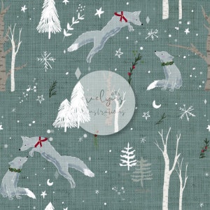 Peut inclure: Un motif sans couture représentant des renards blancs, des sapins et des flocons de neige sur un fond bleu sarcelle. Le motif est parfait pour les projets et les travaux manuels sur le thème de l'hiver.