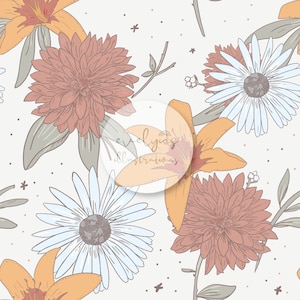 May include: A seamless floral pattern featuring orange lilies, rust-coloured dahlias, and white daisies with brown centres. The design includes green leaves and small star and dot accents on a cream background. The illustration style is reminiscent of a botanical drawing.
