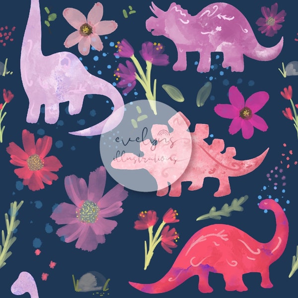 Pink Dinosaurs Seamless Pattern / Fabric Design / Surface Pattern / Digital Download / Repeat Pattern / Digital Pattern