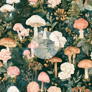 May include: A seamless pattern featuring a variety of mushrooms in shades of white, cream, pink, and orange, interspersed with green ferns and foliage on a dark forest green background. A circular watermark with text is centered on the image.