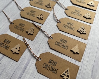 Christmas Gift Tags - Wooden Tree on Rustic Kraft Brown Tag With Brown and White Twine and a Merry Christmas sentiment