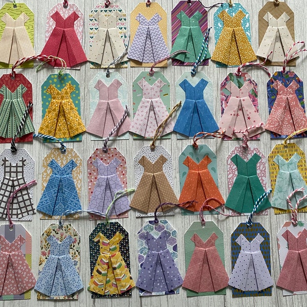 Origami paper dress gift tags for her, for women, ladies, girls, colourful patterned tags forall occasions and birthdays