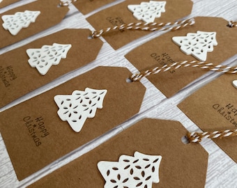 Christmas Gift Tags - White Wooden Tree on Rustic Kraft Brown Tag - Sets of 10