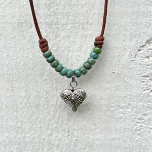 Turquoise Leather Heart Beaded Necklace, Boho Womens Leather Choker Jewelry