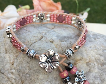 Leather Beaded Flower Wrap Bracelet, Pink Boho Leather Cuff Bracelet, Leather Jewelry