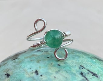 Adventurine Sterling Silver Crystal Ring, Gemstone Ring, Adjustable Ring, Beaded Ring, Wire Wrap Ring, Healing Crystal Ring