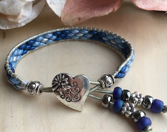 Leather Beaded Wrap Bracelet, Womens Blue Heart Cuff Bracelet, Leather Jewelry