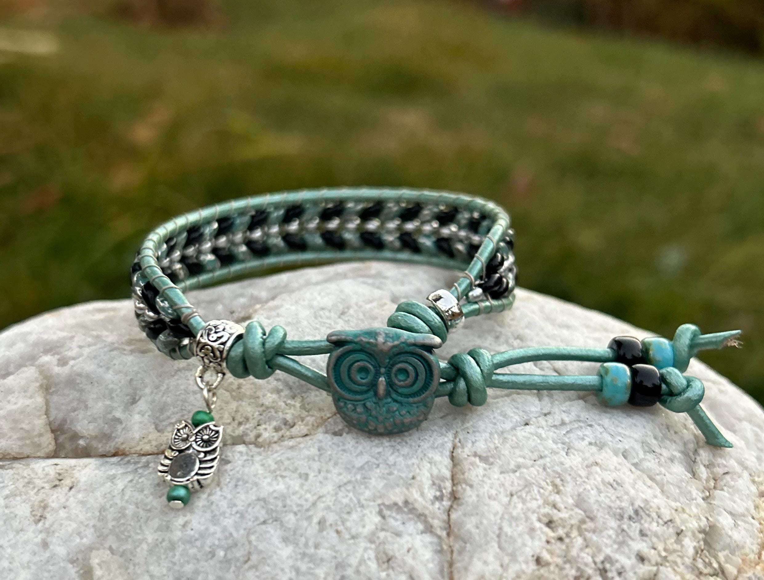 Owl Leather Beaded Bracelet, Western Style Wrap,  Beaded Leather Boho Bracelet, Womens Leather Jewel