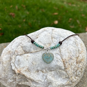 Turquoise Beaded Leather Heart Necklace, Boho Leather Choker, Turquoise Heart Beaded Necklace, Womens Leather Jewelry