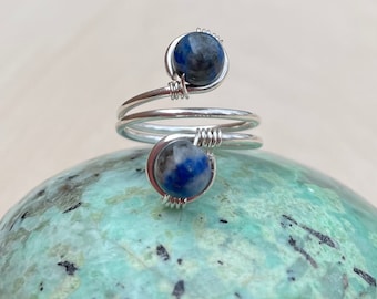 Natural Lapis Lazuli Sterling Silver Crystal Wire Wrap Beaded Gemstone Ring, Adjustable Rin