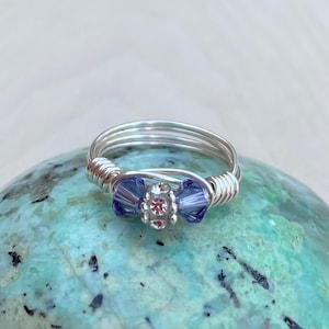 Sterling Silver Swarovski Crystal Wire Wrap Beaded Ring, Tanzonite Swarovski Crystal Ring