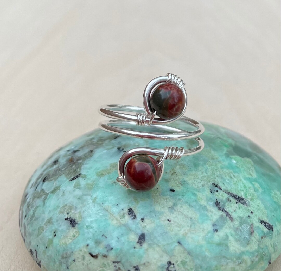 Bague Vintage En Argent Sterling Et Jaspe Picasso - Taille 8 - 18,6 G - Fait Main - Occasion