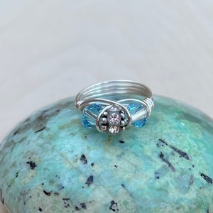 Sterling Silver Swarovski Crystal Wire Wrap Beaded Ring, Aqua Swarovski Crystal Ring