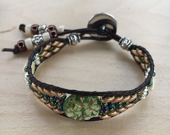 Leather Beaded Wrap Bracelet, Brown n Green Cuff Bracelet, Womens Leather Jewelry Cuff Wrap