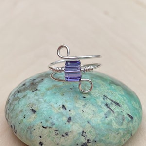 Tanzonite Sterling Silver Ring, Swarovski Crystal Ring, Beaded Ring, Adjustable Ring , Wire Wrapped Ring