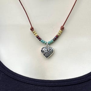 Leather Beaded Heart Necklace, Boho Leather Choker, Silver Heart Beaded Necklace, Womens Leather Jewelry