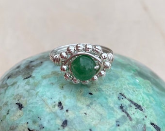 Green Adventurine Sterling Silver Crystal Wire Wrap Beaded Gemstone Ring, Flower Ring