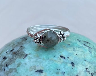 Labradorite Sterling Silver Crystal Wire Wrap Beaded Gemstone Ring