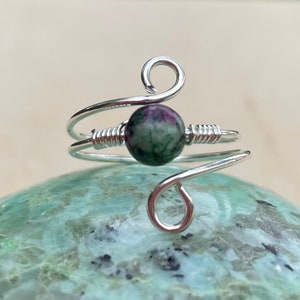 Ruby Zoisite Sterling Silver Crystal Wire Wrap Beaded Gemstone Ring, Adjustable Ring