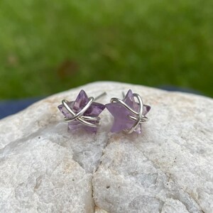 Amethyst Sterling Silver Crystal Wire Wrap Beaded Gemstone Earrings, Star Stud Earrings