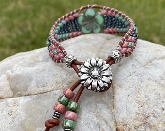 Beaded Leather Flower Wrap Bracelet, Womens Hematite, Turquoise n Pink Leather Cuff Wrap, Boho Bracelet