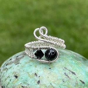 Banded Onyx n Swarovski Crystal Sterling Silver Crystal Wire Wrap Beaded Gemstone Ring, Adjustable Wire Weaved Ring
