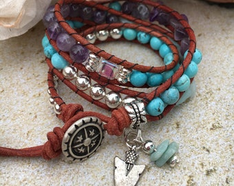 Echtes Türkis Perlen Lederarmband, Türkis und Hämatit Boho Armband, Perlen Leder Wickelarmband