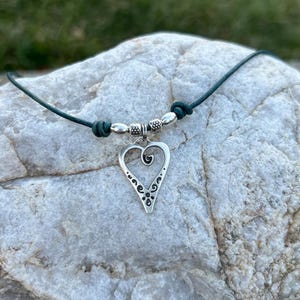Antique Silver Heart Beaded Necklace, Leather Heart Choker, Western Womens Jewelry
