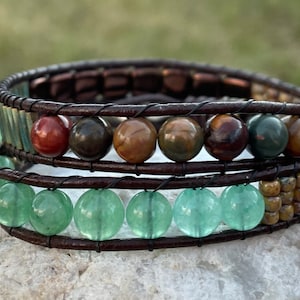 Picasso Jasper n Green Adventurine Beaded Leather Wrap Bracelet, Unisex Double Southwestern Style Wrap, Leather Jewelry
