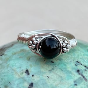 Tourmaline Schorl Sterling Silver Wire Wrapped Bali BEAD Ring, Custom Made, Ships Fast!!!