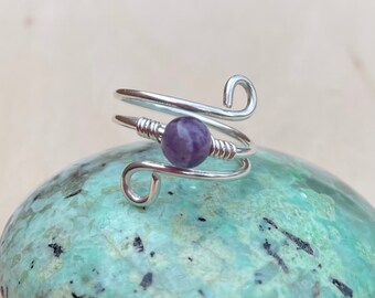 Amethyst Sterling Silver Crystal Wire Wrap Beaded Gemstone Ring, Adjustable Ring