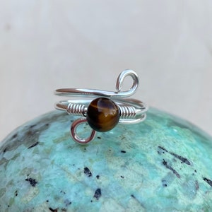 Yellow Tigereye Sterling Silver Crystal Wire Wrap Beaded Gemstone Ring, Adjustable Ring