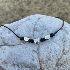 Leather Beaded Heart Choker Necklace, Triple Heart Necklace, Silver Heart Leather Necklace