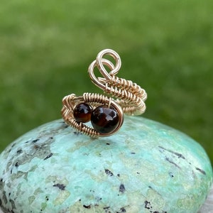 Yellow Tigereye Gold Filled Crystal Wire Wrap Beaded Gemstone Ring, Adjustable Tigereye Ring