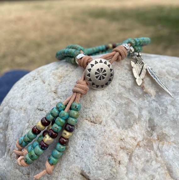 Beaded leather cuff bracelet discount