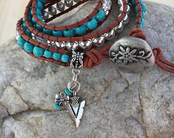 Türkis Leder wickeln Perlen Armband, Hämatit Wrap Armband, Silber Manschette Armband, Boho Schmuck