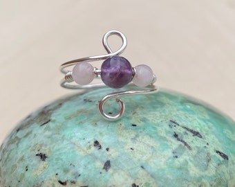 Amatista y rosa de cuarzo rosa Sterling Silver Crystal Wire Wrap Anillo de piedras preciosas con cuentas, anillo ajustable