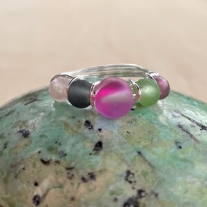 Beach Glass Sterling Silver Wire Wrap Beaded Ring, Summer Ring, Colorful Ring