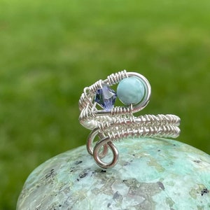 Larimar n Tanzonite Sterling Silver Crystal Wire Wrap Beaded Gemstone Ring, Adjustable Wire Weaved Ring