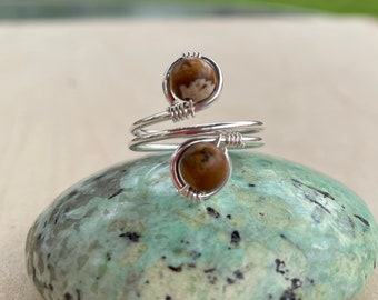 Picture Jasper Sterling Silver Crystal Wire Wrap Beaded Gemstone Ring, Adjustable Ring