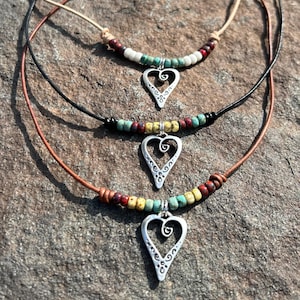 Leather Beaded Heart Necklace, Boho Leather Choker, Silver Heart Beaded Necklace, Womens Leather Jewelry