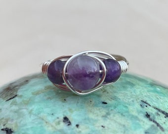 Amethyst Sterling Silver Crystal Wire Wrap Beaded Gemstone Ring