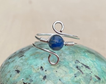 Lapis Lazuli Sterling Silver Crystal Wire Wrap Beaded Gemstone Ring, Adjustable Ring