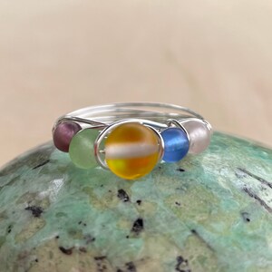 Beach Glass Sterling Silver Wire Wrap Beaded Ring, Summer Ring, Colorful Ring